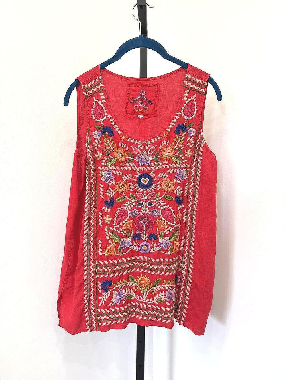 Johnny Was Red Sleeveless Embroidered Floral Top